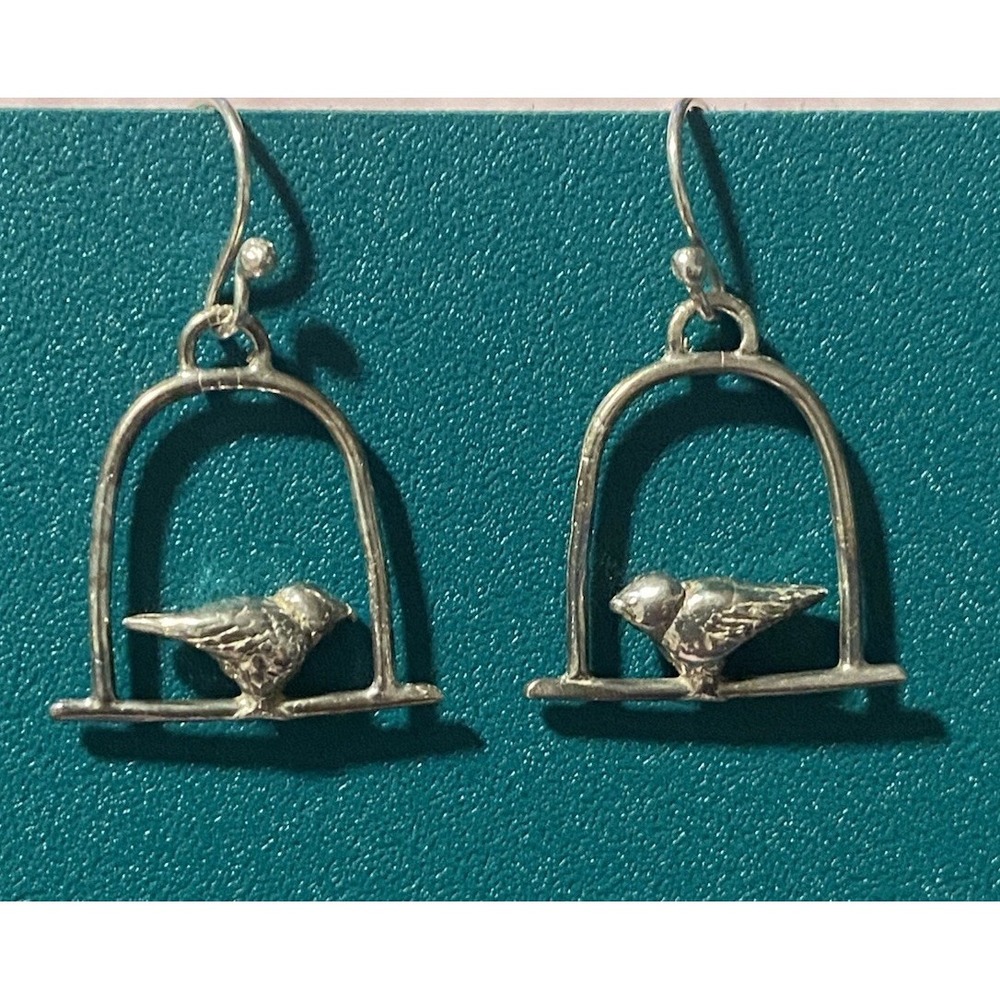 Artisan Bird on a perch swing dangle earrings. Sterling Silver Birds Lovers